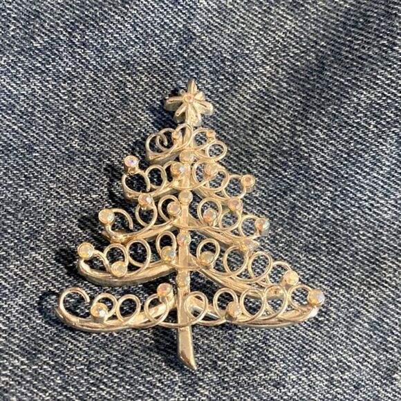 Silver Christmas Tree Brooch Pin with Iridescent Crystals - Picture 6 of 9